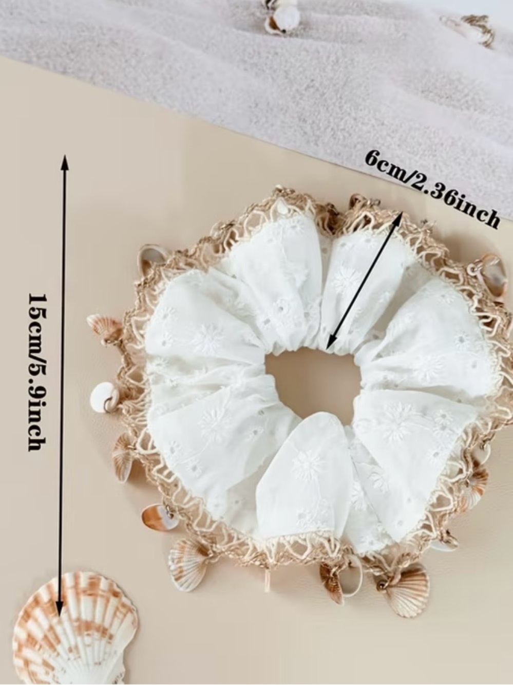 🐚 Large White Embroidered Seashell Lace Scrunchie! - Picture 5 of 7